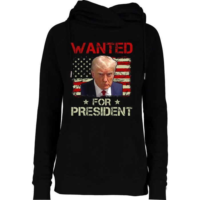 Wanted Donald Trump For President 2024 USA Flag Vintage Womens Funnel Neck Pullover Hood