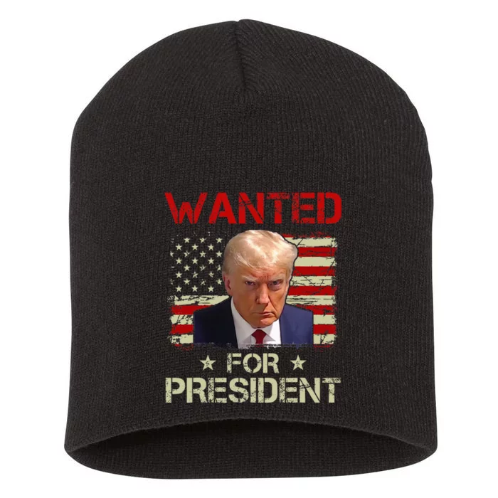 Wanted Donald Trump For President 2024 USA Flag Vintage Short Acrylic Beanie