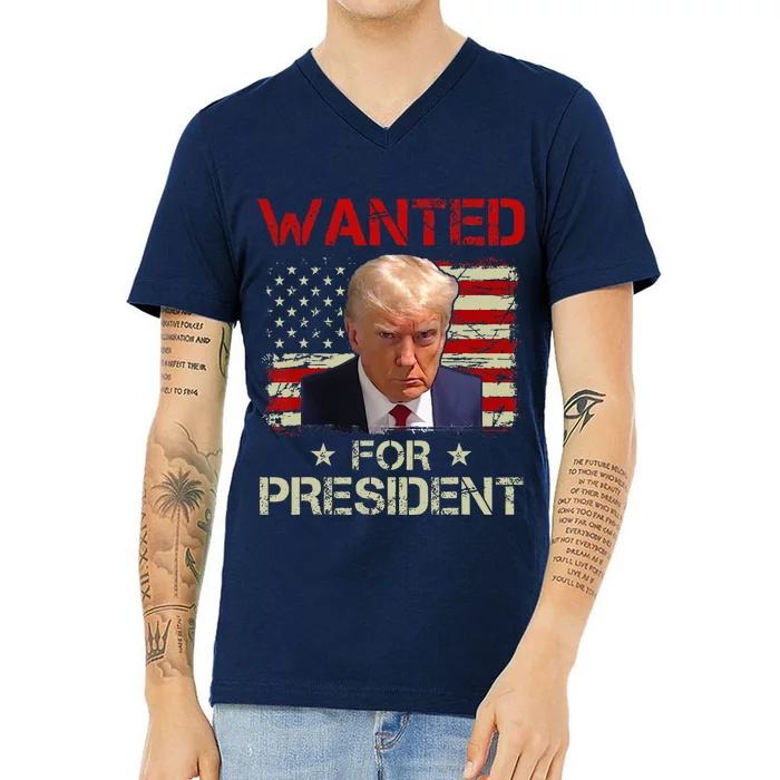 Wanted Donald Trump For President 2024 USA Flag Vintage V-Neck T-Shirt