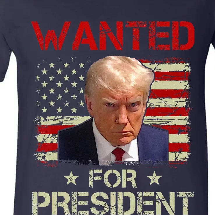 Wanted Donald Trump For President 2024 USA Flag Vintage V-Neck T-Shirt