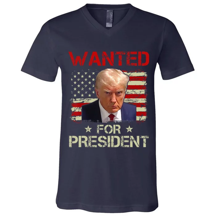 Wanted Donald Trump For President 2024 USA Flag Vintage V-Neck T-Shirt