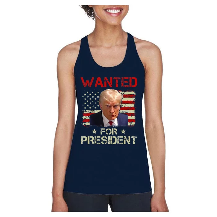 Wanted Donald Trump For President 2024 USA Flag Vintage Women's Racerback Tank