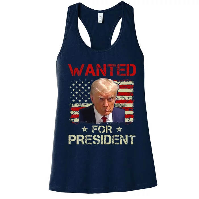 Wanted Donald Trump For President 2024 USA Flag Vintage Women's Racerback Tank