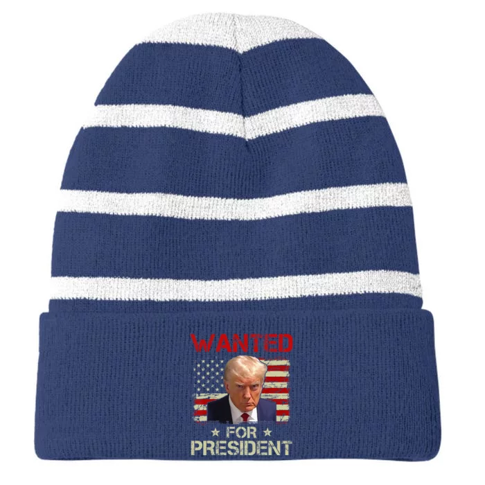 Wanted Donald Trump For President 2024 USA Flag Vintage Striped Beanie with Solid Band