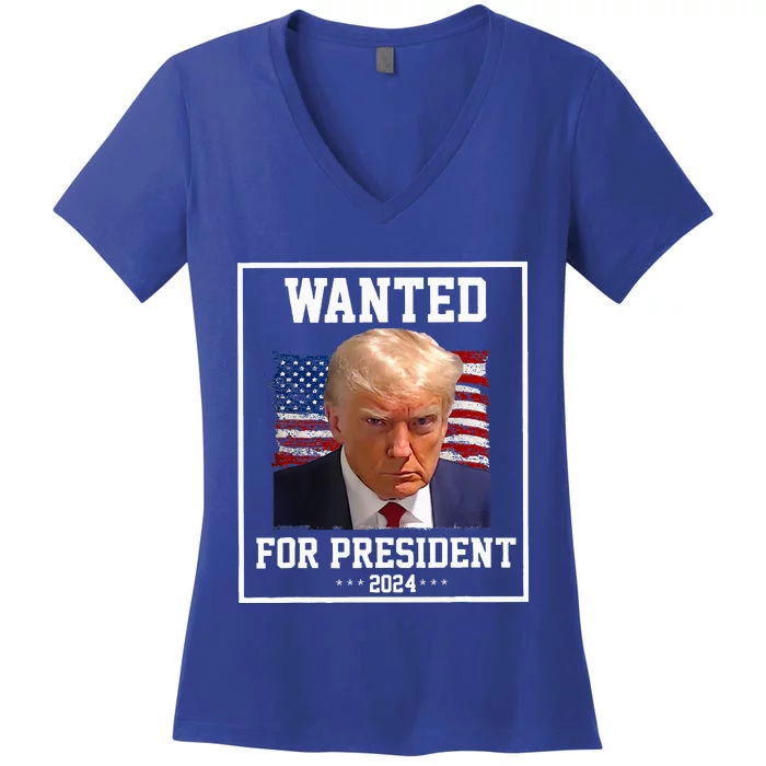 Wanted Donald Trump For President 2024 USA Flag Vintage Women's V-Neck T-Shirt