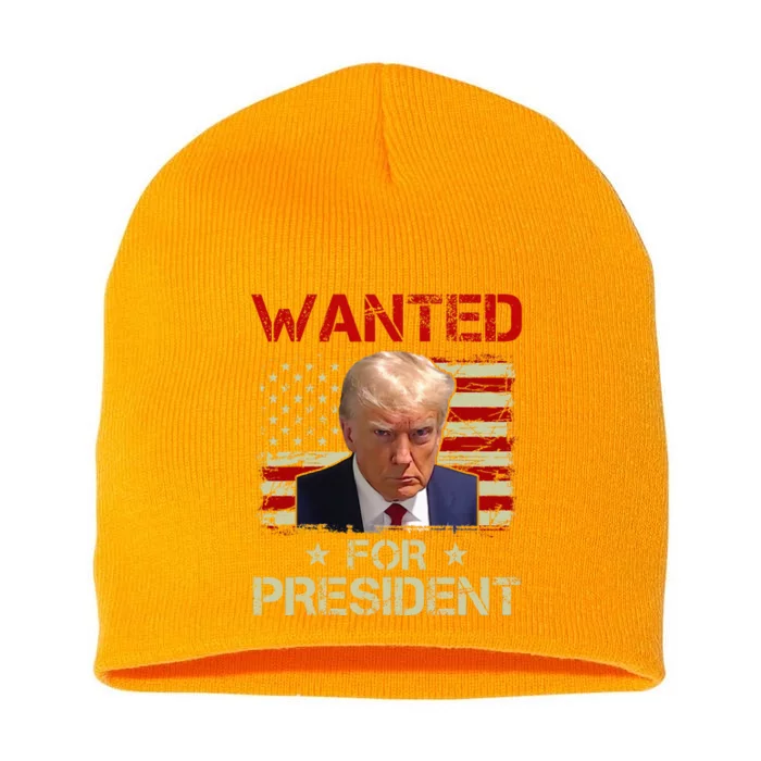 Wanted Donald Trump For President 2024 USA Flag Vintage Short Acrylic Beanie