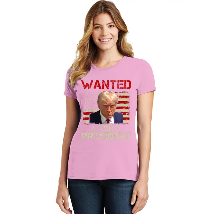 Wanted Donald Trump For President 2024 USA Flag Vintage Women's T-Shirt