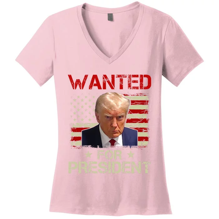 Wanted Donald Trump For President 2024 USA Flag Vintage Women's V-Neck T-Shirt