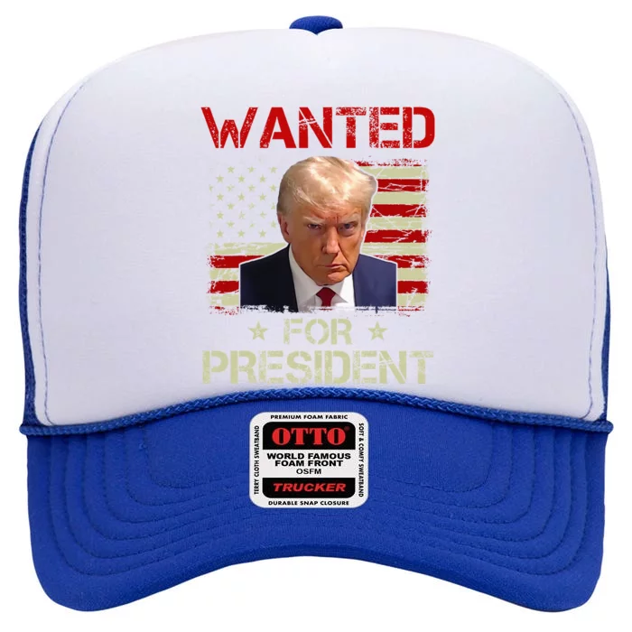 Wanted Donald Trump For President 2024 USA Flag Vintage High Crown Mesh Trucker Hat