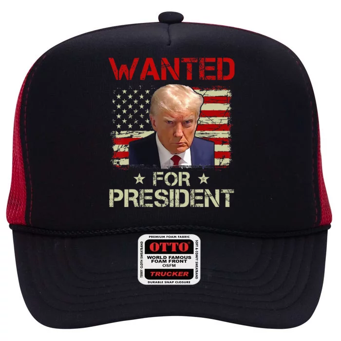 Wanted Donald Trump For President 2024 USA Flag Vintage High Crown Mesh Trucker Hat