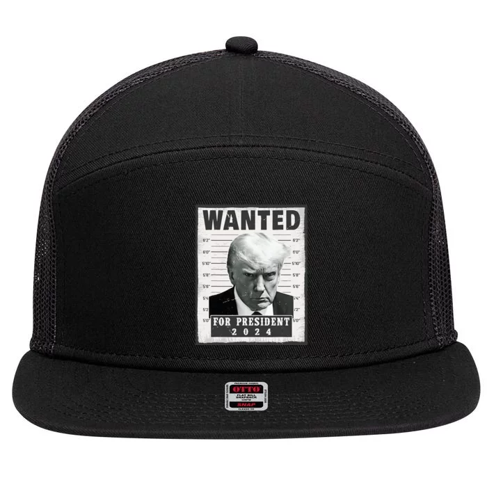 Wanted Donald Trump For President 2024 Trump Mug Shot 7 Panel Mesh Trucker Snapback Hat