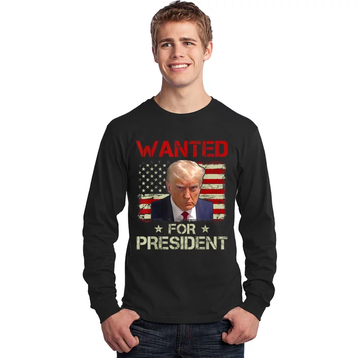 Wanted Donald Trump For President 2024 USA Flag Vintage Long Sleeve Shirt