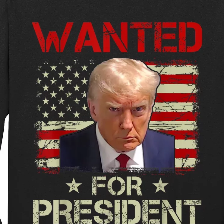 Wanted Donald Trump For President 2024 USA Flag Vintage Long Sleeve Shirt