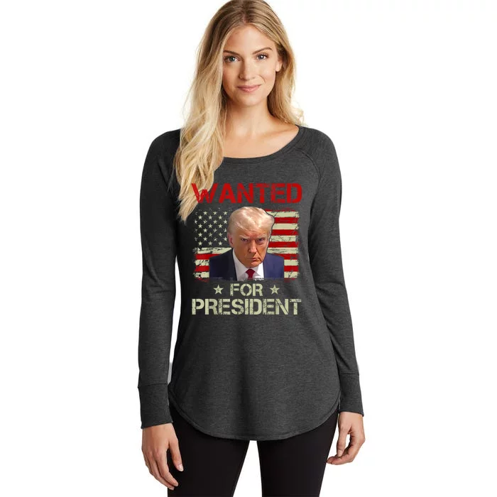 Wanted Donald Trump For President 2024 USA Flag Vintage Women's Perfect Tri Tunic Long Sleeve Shirt