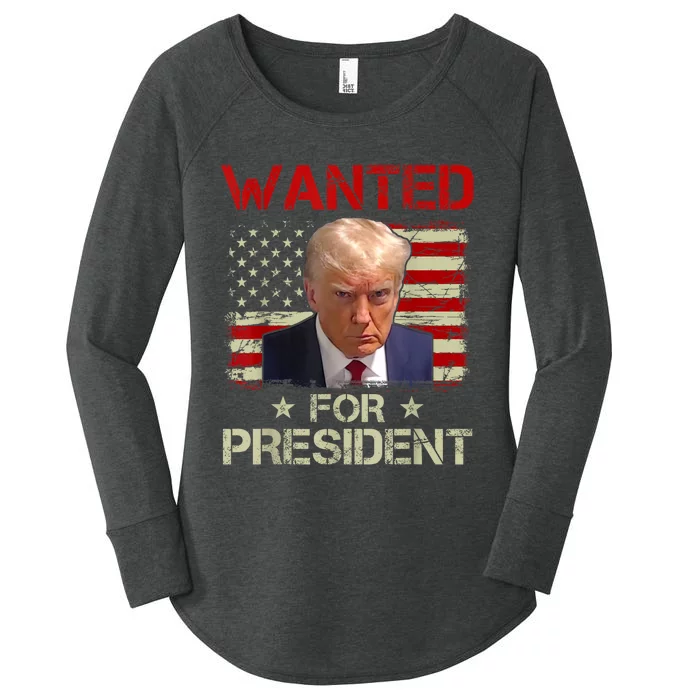 Wanted Donald Trump For President 2024 USA Flag Vintage Women's Perfect Tri Tunic Long Sleeve Shirt