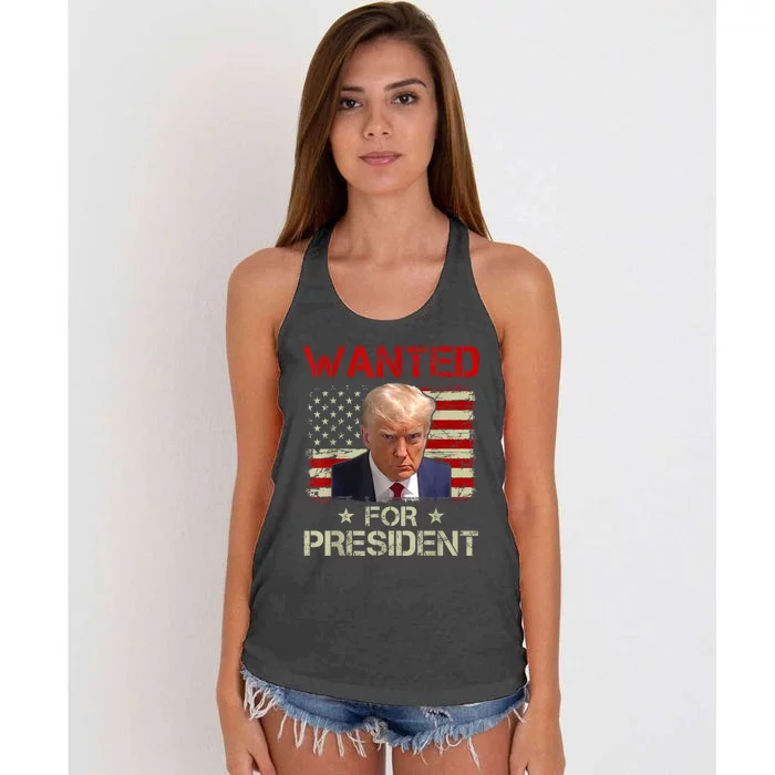 Wanted Donald Trump For President 2024 USA Flag Vintage Women's Knotted Racerback Tank