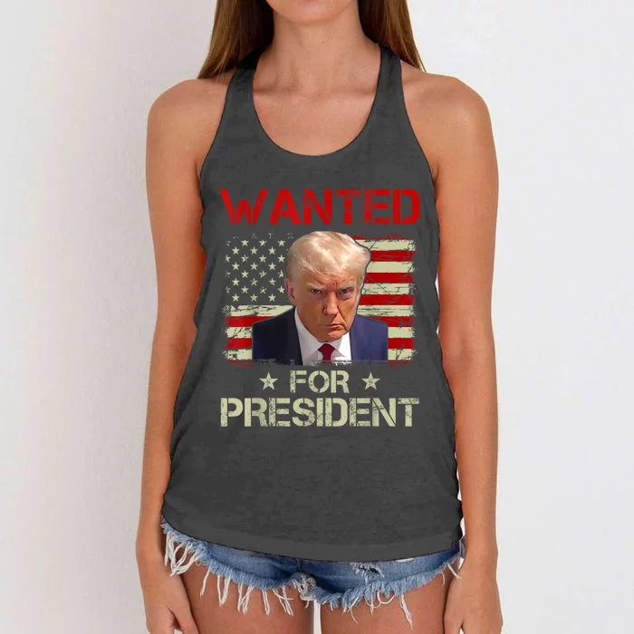 Wanted Donald Trump For President 2024 USA Flag Vintage Women's Knotted Racerback Tank