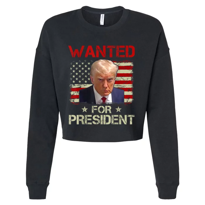 Wanted Donald Trump For President 2024 USA Flag Vintage Cropped Pullover Crew