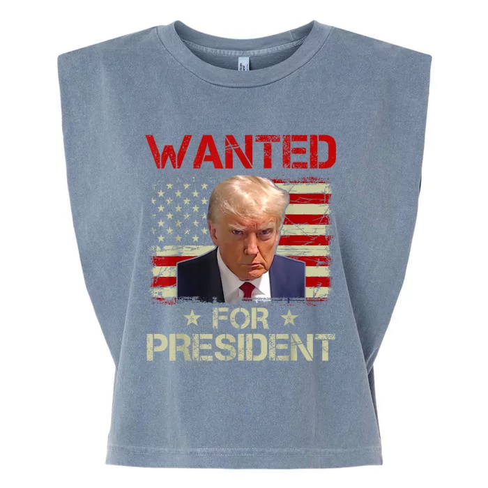 Wanted Donald Trump For President 2024 USA Flag Vintage Garment-Dyed Women's Muscle Tee