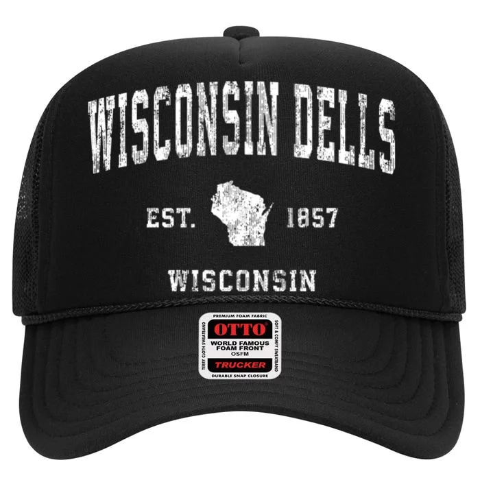 Wisconsin Dells Wisconsin Wi Vintage Athletic Sports High Crown Mesh Trucker Hat