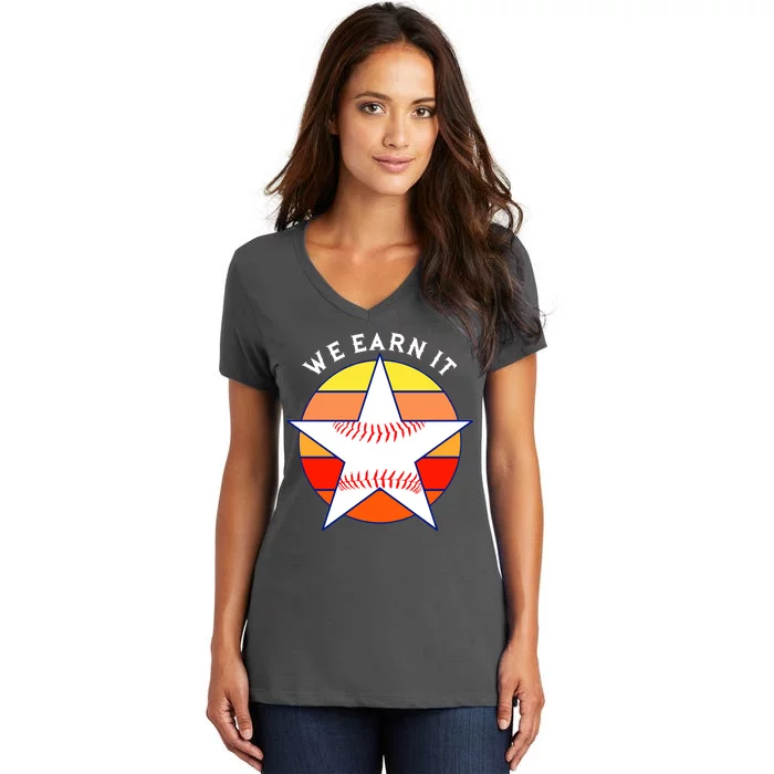 We Earn It Houston Throwback Baseball Star Women's V-Neck T-Shirt