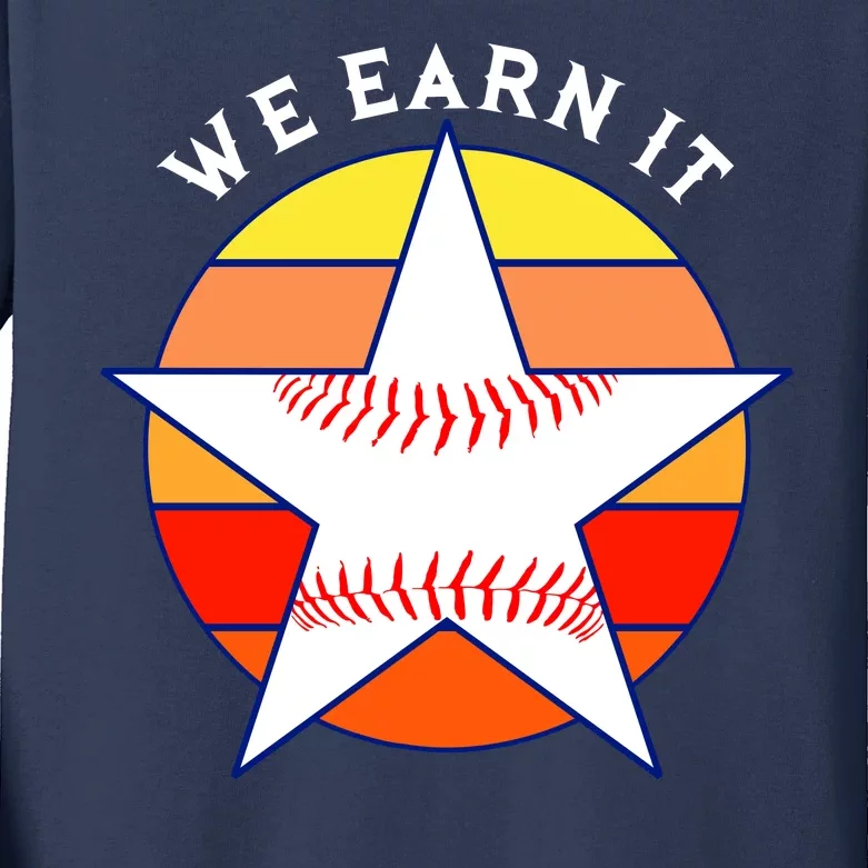 We Earn It Houston Throwback Baseball Star Kids Long Sleeve Shirt