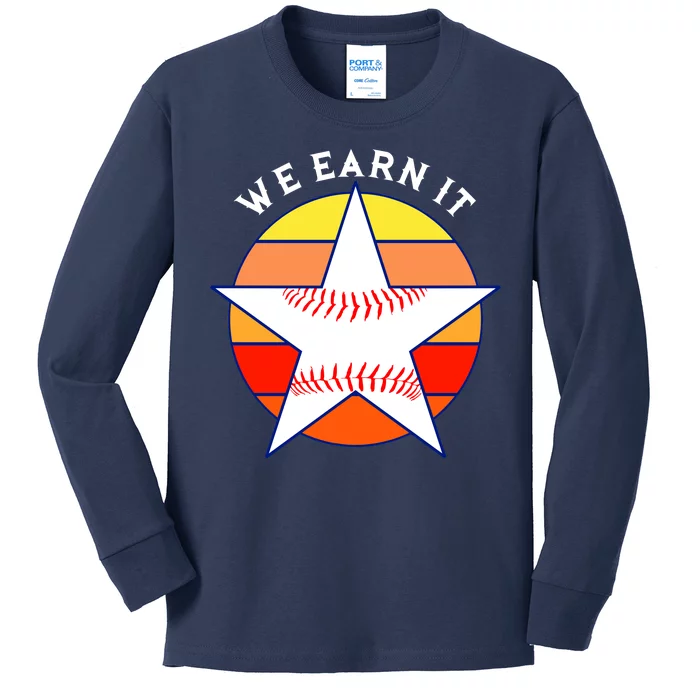 We Earn It Houston Throwback Baseball Star Kids Long Sleeve Shirt