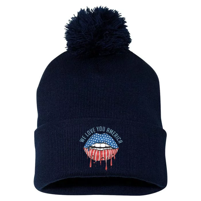 We Love You America Lips Pom Pom 12in Knit Beanie