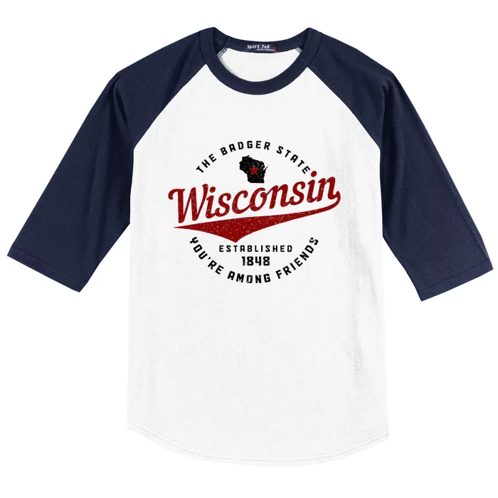 Wisconsin Est. 1848 Badger State Map Pride Vintage Baseball Sleeve Shirt