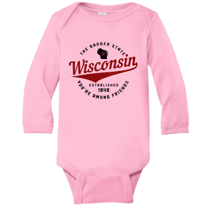 Wisconsin Est. 1848 Badger State Map Pride Vintage Baby Long Sleeve Bodysuit