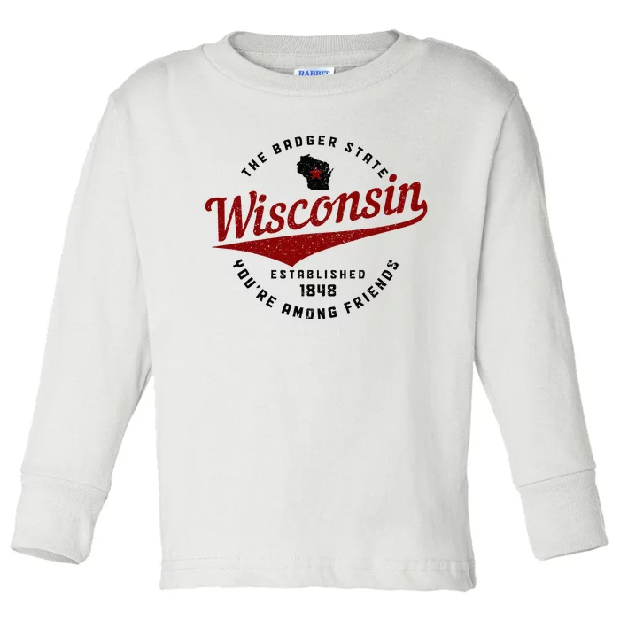 Wisconsin Est. 1848 Badger State Map Pride Vintage Toddler Long Sleeve Shirt