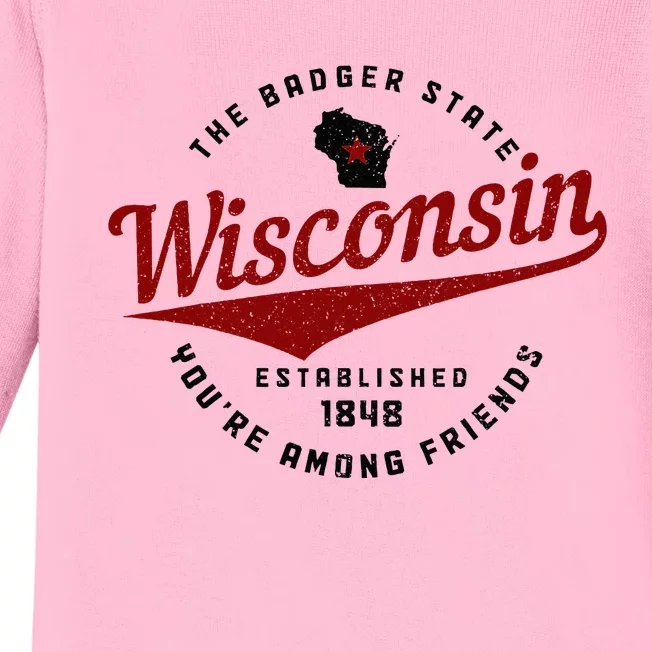 Wisconsin Est. 1848 Badger State Map Pride Baby Long Sleeve Bodysuit