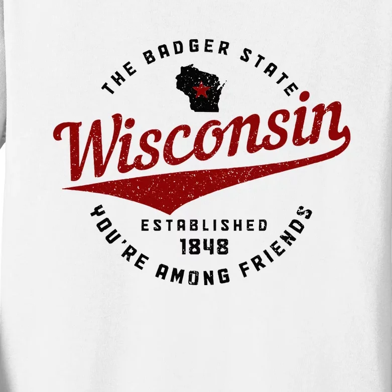 Wisconsin Est. 1848 Badger State Map Pride Kids Long Sleeve Shirt