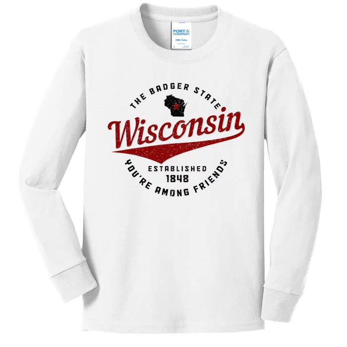 Wisconsin Est. 1848 Badger State Map Pride Kids Long Sleeve Shirt