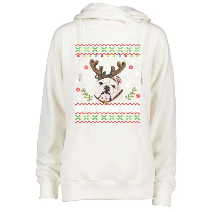 White English Bulldog Dog Reindeer Ugly Christmas Sweater Gift Womens Funnel Neck Pullover Hood