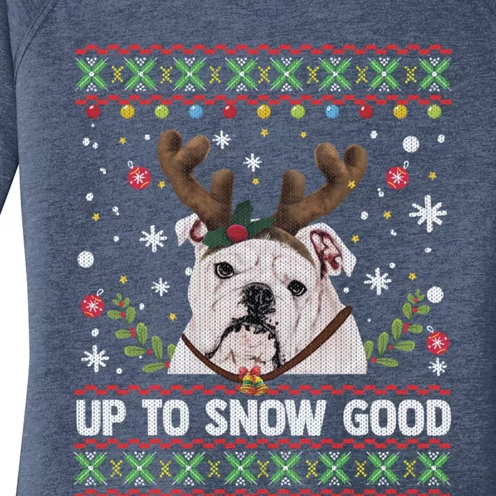 White English Bulldog Dog Reindeer Ugly Christmas Sweater Gift Women's Perfect Tri Tunic Long Sleeve Shirt