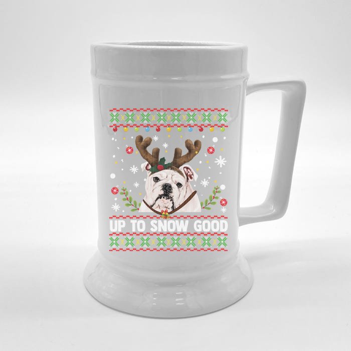 White English Bulldog Dog Reindeer Ugly Christmas Sweater Gift Front & Back Beer Stein