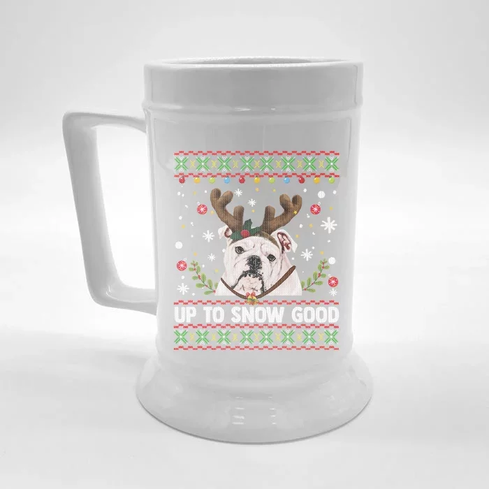 White English Bulldog Dog Reindeer Ugly Christmas Sweater Gift Front & Back Beer Stein