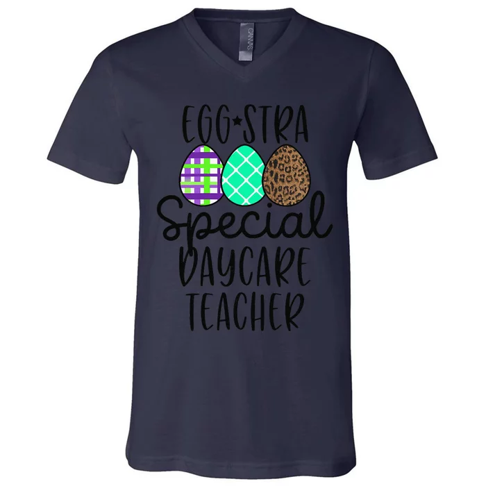 Womens Easter Christian Daycare Teacher Eggstra V-Neck T-Shirt