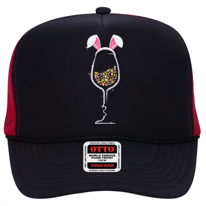 Wo Easter Day Color Egg Wine Glass Bunny Wine Lovers Tee Gift High Crown Mesh Trucker Hat