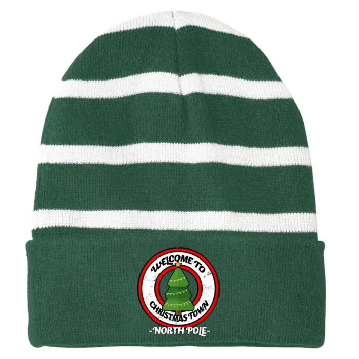 Welcome To Christmas Town North Pole Striped Beanie with Solid Band