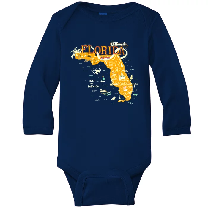 Welcome To Florida Cool Tourist Map Baby Long Sleeve Bodysuit