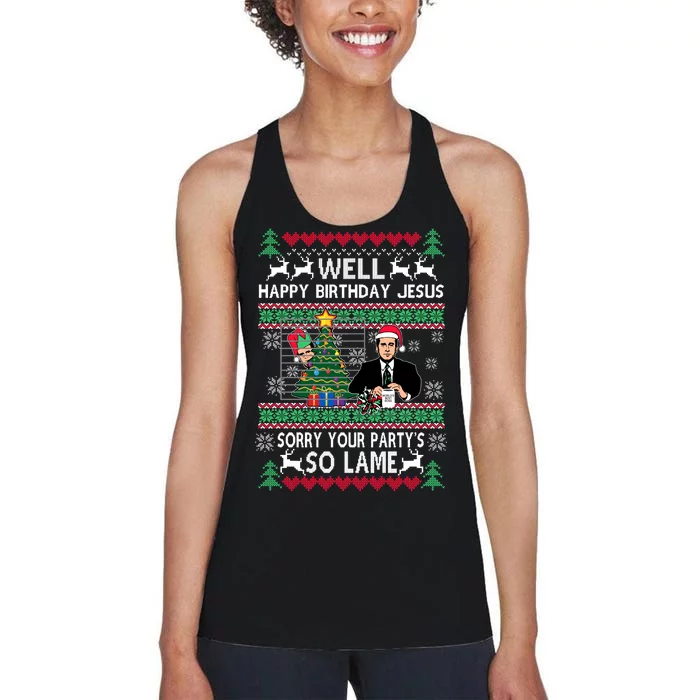 Well Happy Birthday Jesus Funny Quote Office Ugly Christmas Women's Racerback Tank