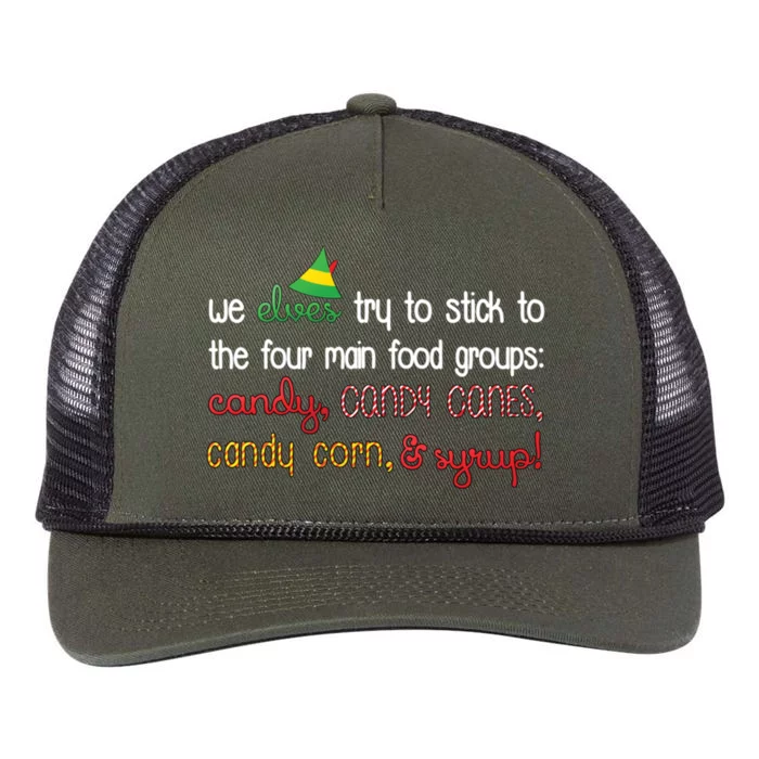 We Elves Try To Stick To Four Main Food Groups Retro Rope Trucker Hat Cap