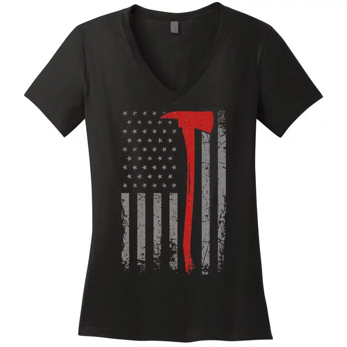 Wildland Firefighter Axe American Flag Thin Red Line Fireman Women's V-Neck T-Shirt