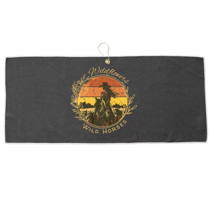 Wild Flowers And Wild Horses Vintage Sunset Country Cowgirl Large Microfiber Waffle Golf Towel