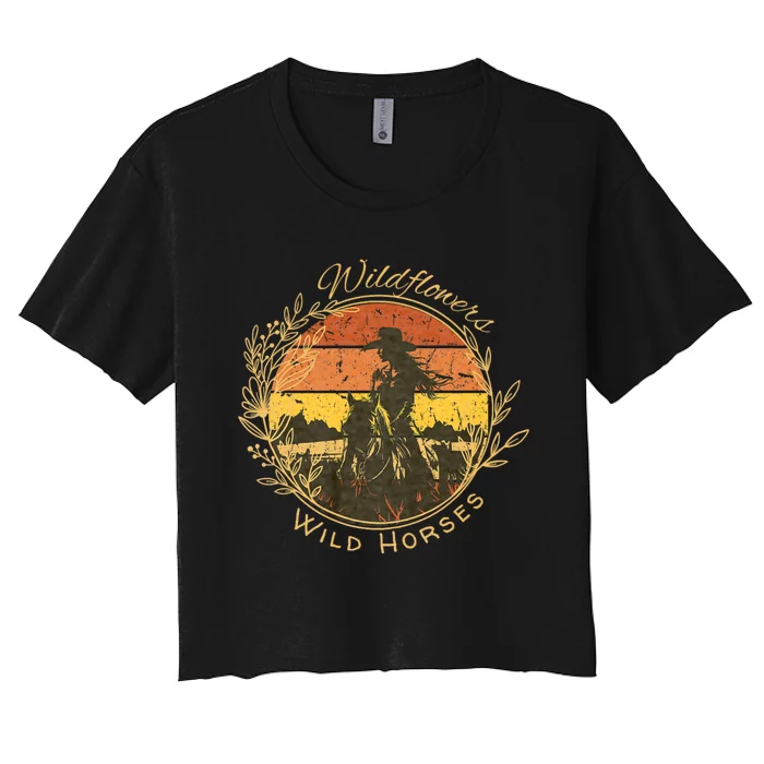 Wild Flowers And Wild Horses Vintage Sunset Country Cowgirl Women's Crop Top Tee