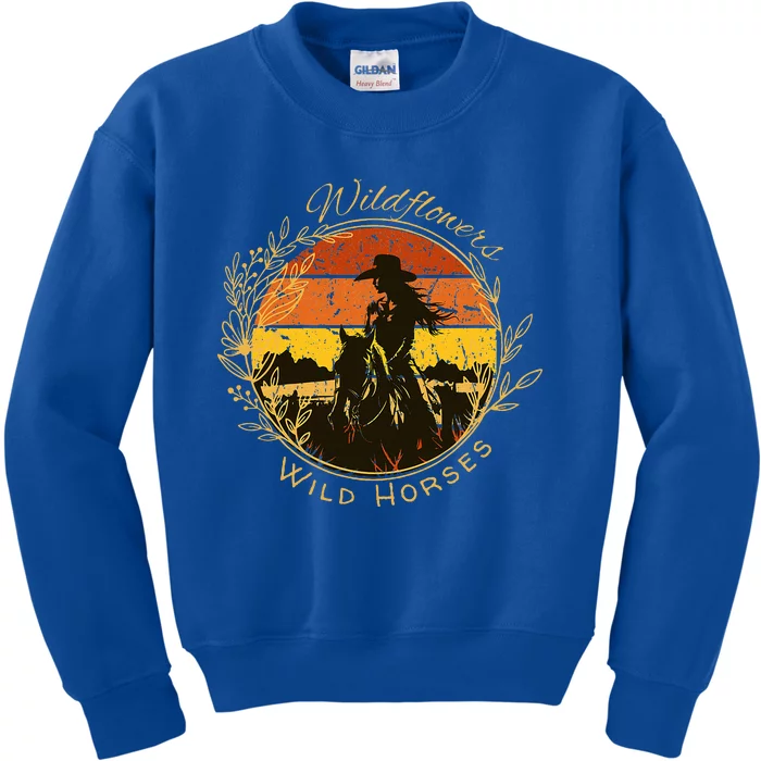 Wild Flowers and Wild Horses Vintage Sunset Country Cowgirl Kids Sweatshirt