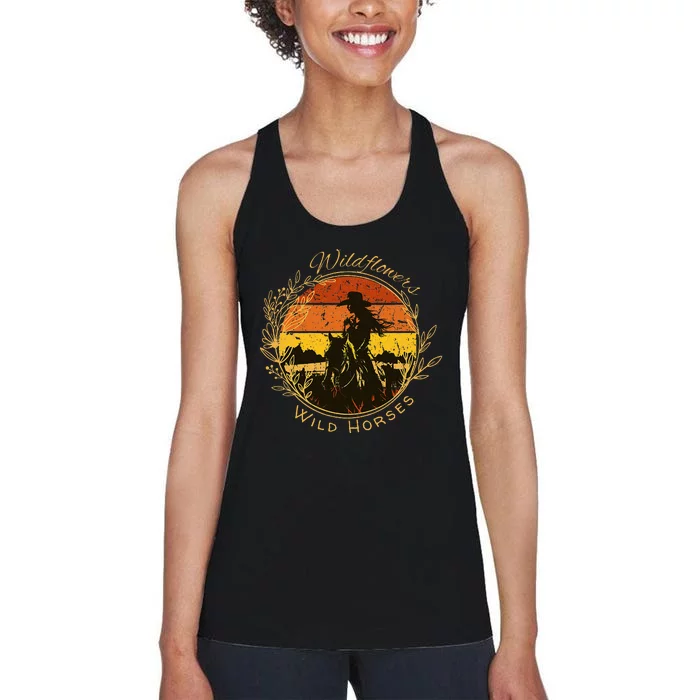 Wild Flowers And Wild Horses Sunset Country Cowgirl Women's Racerback Tank