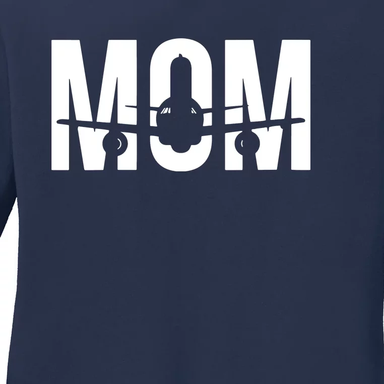 Womens Funny Airplane Pilot Mom Aviation Lover Gift Mom Pilot Ladies Long Sleeve Shirt